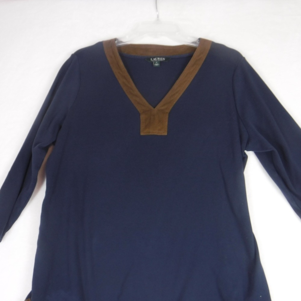Lauren Ralph‎ Lauren Navy Blue Cotton V-Neck Top Brown Suede Trim 1X Womens